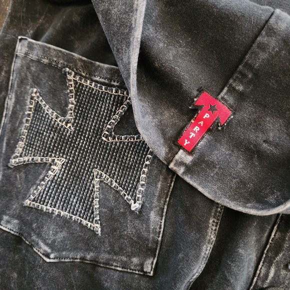 T Party Black Mineral‎ Wash Flare Yoga Pants Fold Over Waist Womens L Cross Back - Picture 7 of 14